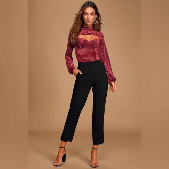 LULUS Always Alluring Burgundy Striped Velvet Cutout Bustier Bodysuit XS - Picture 4 of 12